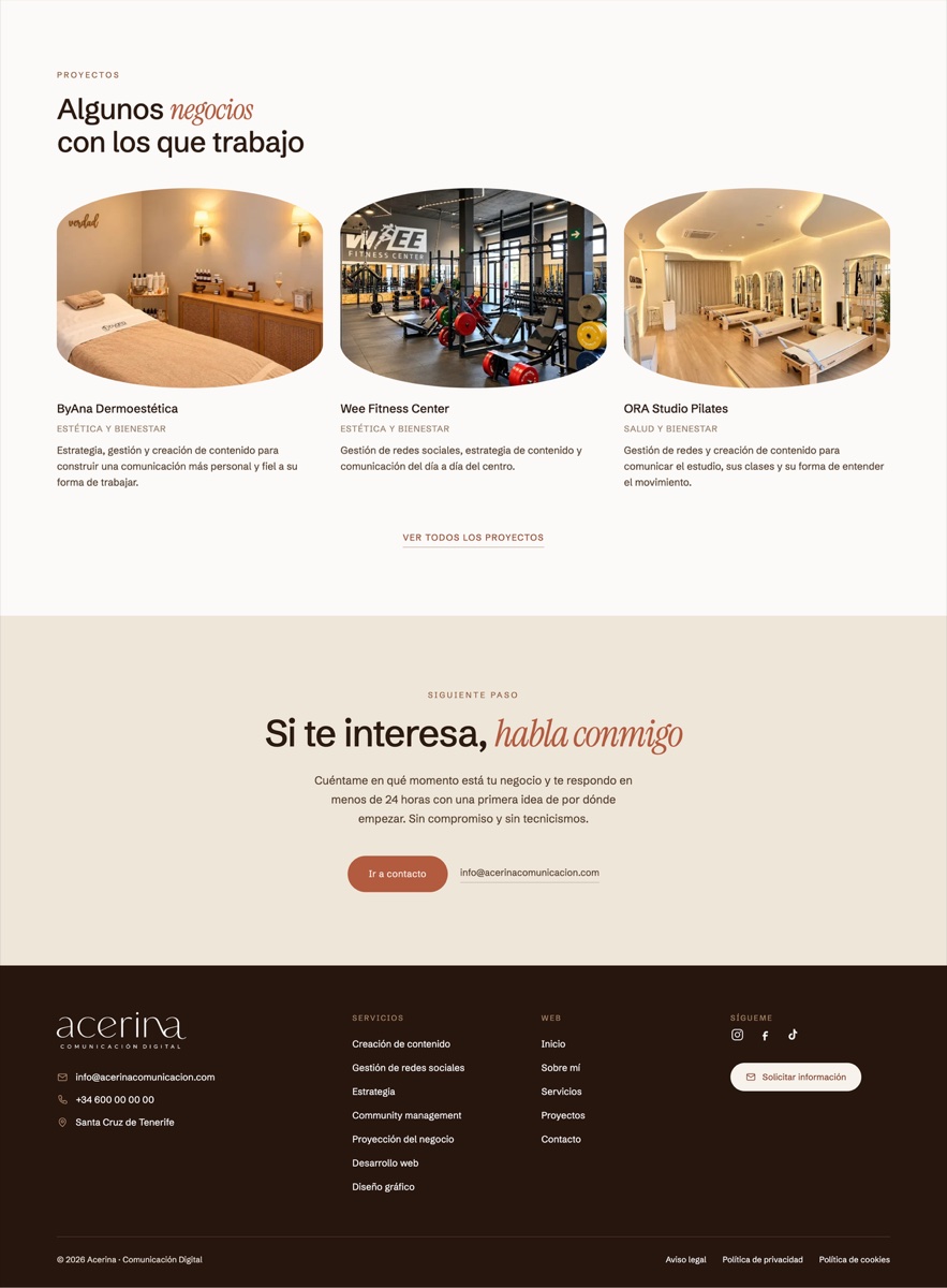 Acerina - Proyectos, contacto y footer