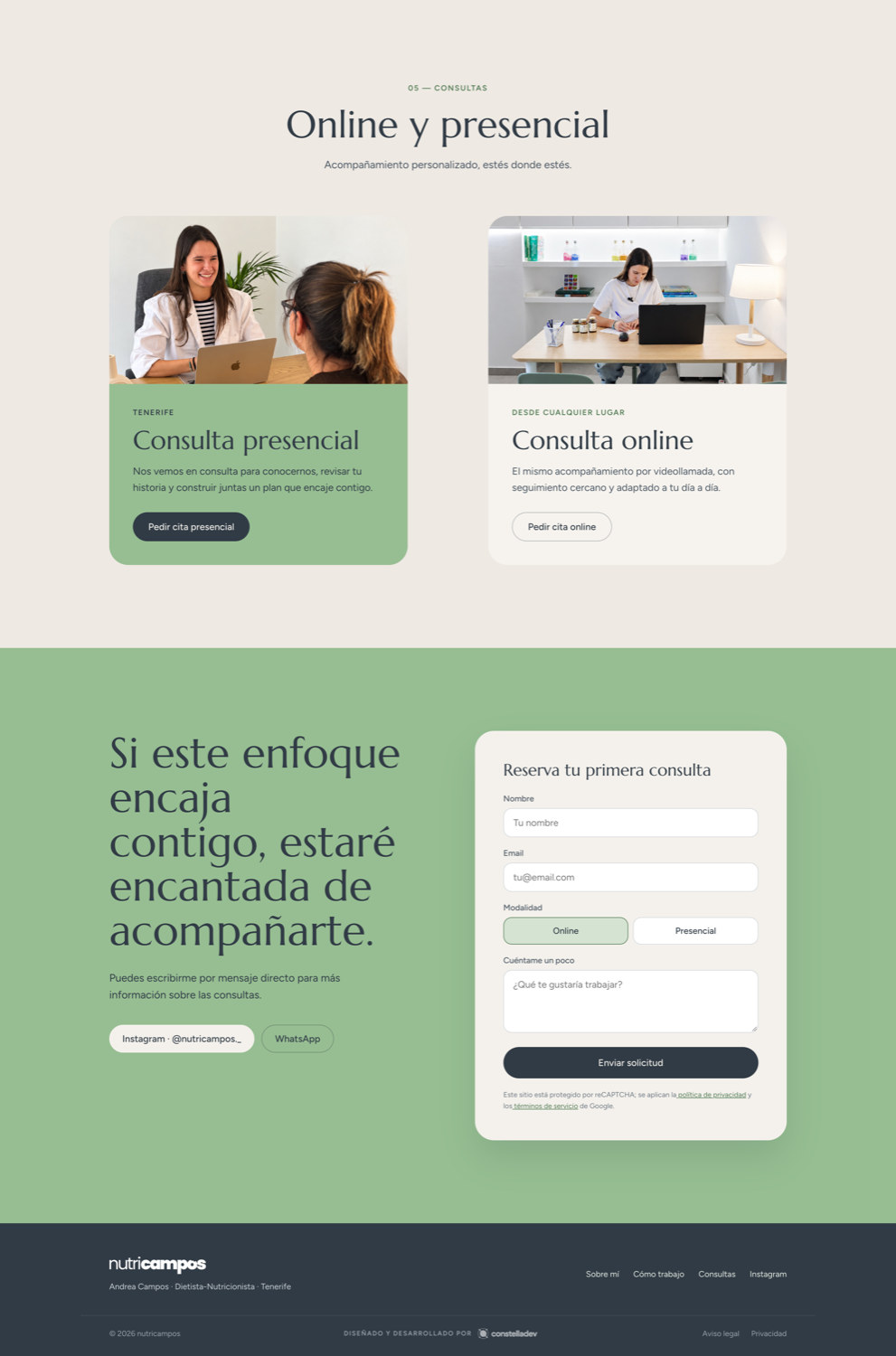 Nutricampos - Consultas, contacto y footer